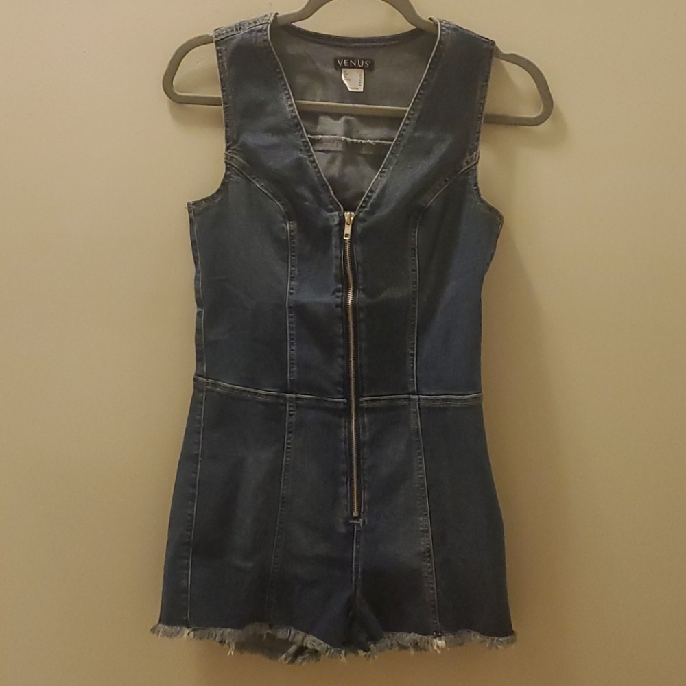 VENUS Dark Blue Denim Romper with Front Zip
